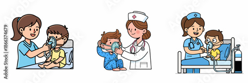 Cartoon Illustration of Nurse Assisting Boy With Oxygen Mask In Hospital