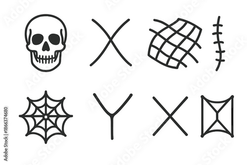 Osteology Line Icons. Line style icons of web-like osteology markers: skull grid, intersecting filaments, woven map, curved suture