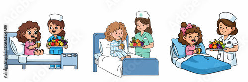 Cartoon Illustration of Smiling Nurse Caring for Young Patient with Fruit in Hospital Room