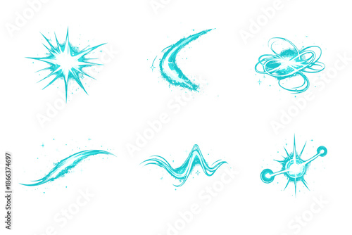 Radiant Reflection Icons. Solid style icons of Radiant Reflection: echo flare, ash curve, glowing thread, soft arc, flowing pulse,