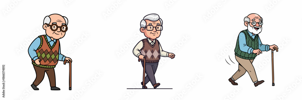 Fototapeta premium Cartoon Character Old Man Illustration Set with Walking Stick on White