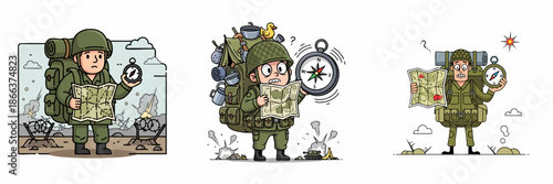 Whimsical Cartoon Soldier Navigating Battlefield with Compass and Map Illustration Set