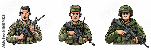 Cartoon Style Armed Soldier Holding Assault Rifle Character Collection