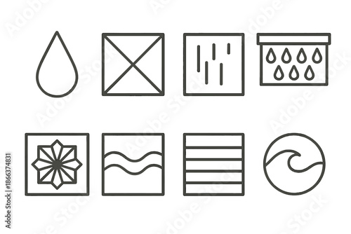 Architectural Line Icons. Line style icons of building element markings: engraved droplet, structural symbol, carved rain mark,