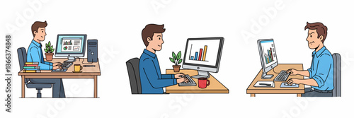 Handdrawn Outline Business Man Working at Desk with Computer Illustration