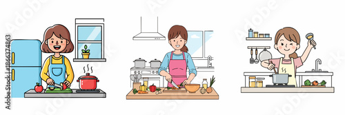 Cute Hand Drawn Illustration of Woman Cooking Delicious Food in Kitchen