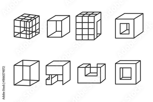 Architectural Void Icons. Line style icons of architectural void systems: open lattice, hollow corridor, structured absence,