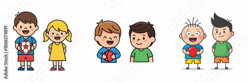 Cartoon Style Group of Cheerful Children Holding Balls Illustration Art