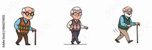 Cartoon Character Old Man Illustration Set with Walking Stick on White