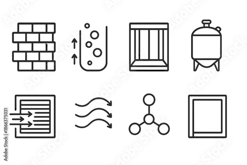 Line Style Fermentation Icons. Line style icons of facade fermentation systems: layered wall grid, bubbling flow, structured