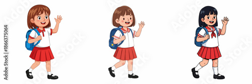 Cartoon Illustration of Cheerful Schoolgirl with Backpack Waving Hand Going to School