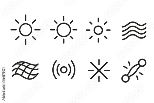 Shimmering Core Icons. Line style icons of shimmering core indicators: radiant center, luminous ring, glowing node, layered wave