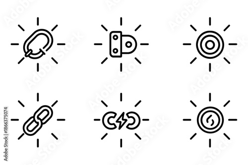 Glowing Fastener Icons. Line style icons of a glowing fastener: radiant clasp, luminous hinge, bright connection point, reflective