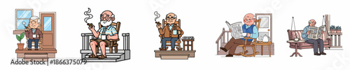 Detailed Pixel Art Senior Man Relaxing on Porch Illustration Set
