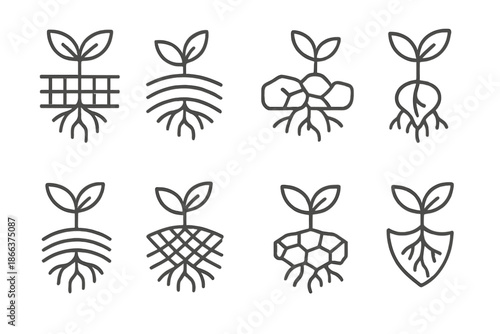 Armor System Plant Icons. Line style icons of armor system plant study: rooted defense grid, layered contour, rock-linked