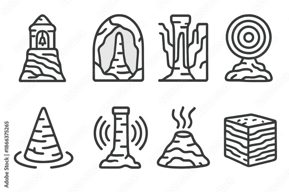 Fototapeta premium Geological Sound Icons. Line style icons of geological sound structures: rock bell tower, cavern tone spire, canyon sound pillar,