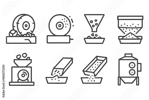 Mineral Grinding Icons. Line style icons of mineral grinding systems: crushing wheel, abrasive disc, mineral funnel, granule