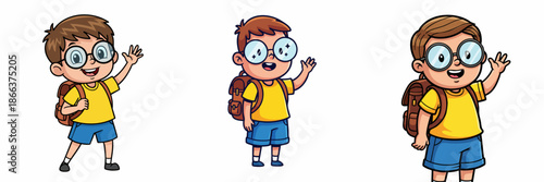 Cartoon Style Cheerful Young Schoolboy Character with Backpack Illustration Set