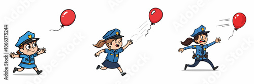 Cartoon Style Running Policewoman Chasing Balloon Set of Illustration Character