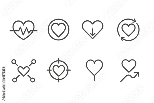 Heart Interface Icons. Line style icons of heart interface turns: core pulse switch, radiant flow ring, center motion cue,