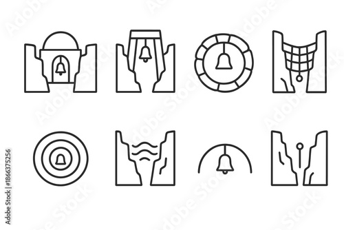 Canyon Bell Icons. Line style icons of canyon bell systems: echo chamber dome, hanging chime tower, stone resonance ring, acoustic