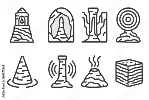 Geological Sound Icons. Line style icons of geological sound structures: rock bell tower, cavern tone spire, canyon sound pillar,
