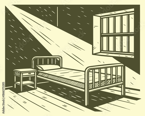 Vintage illustration of a single bed in a dark room with light beam