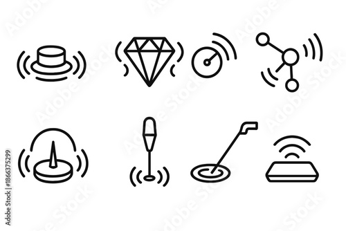 Treasure Detection Icons. Line style icons of shaking treasure detection: vibration sensor disc, trembling gem icon, motion pulse
