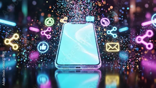 Wallpaper Mural Smartphone generates a vibrant stream of glowing social media icons in a dark, futuristic environment with neon lighting. Torontodigital.ca