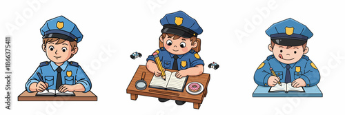 Cartoon Style Three Illustration of Police Officer Writing at Desk Graphic