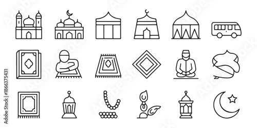 Islamic icons set vector mosqea prayer rug lantern moon and star crescent symbol