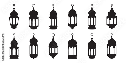 Set of twelve black traditional fanoos lanterns perfect for muslim holidays and holy month designs