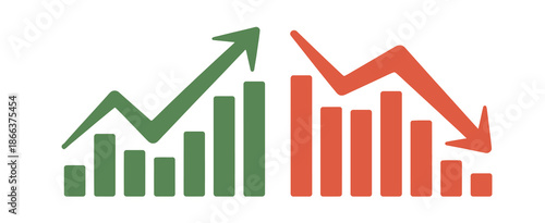 Graph going down and up sign, bar chart vector icon with red down arrow and green up arrow, perfect for financial analysis, business metrics, sales performance visualization