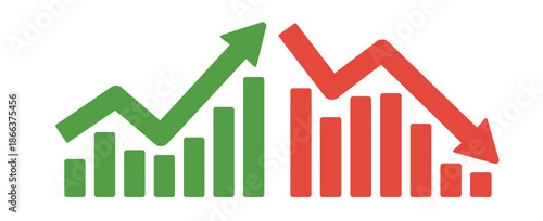 Graph going down and up sign with green and red arrows, vector illustration of bar chart symbols, depicting sales decrease and growth, ideal for business analytics, financial reports