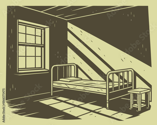 Vintage illustration of a single bed in a dark room with light beam