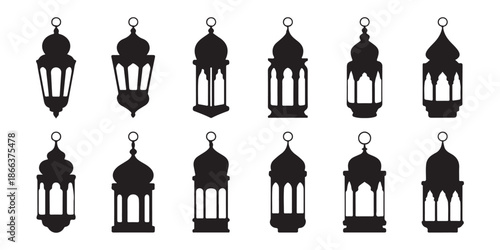 Set of traditional arabesque lanterns in black silhouette isolated on white background