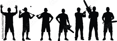 Baseball player silhouettes set showing batting pitching catching sports teamwork athletes black vector illustration isolated white background collection design conceptBaseball player silho