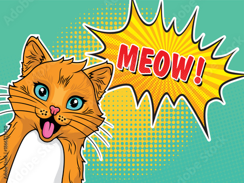 Cute ginger cat in retro pop art style with a meow speech bubble and colorful halftone background. Comic book vector illustration for pet lovers and creative designs.