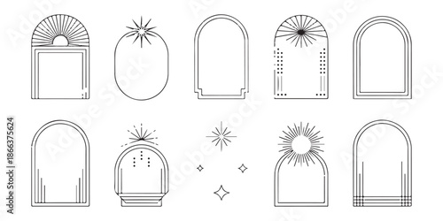 Bohemian arch frames vector set sunburst abstract shapes boho decorative borders