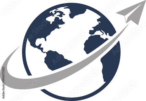 Flat vector globe icon with circular lines representing global connection, worldwide communication, international business, internet network and global technology concepts.