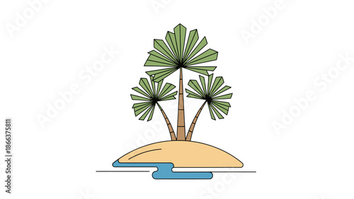 Minimalist Tropical Island with Three Palm Trees Color Illustration Isolated on White Background