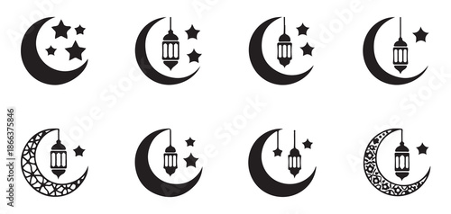 Islamic crescent moon icons with hanging lanterns and stars for ramadan kareem decorative background