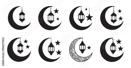 Ramadan lantern and crescent moon symbols for islamic greeting card design and religious decorations