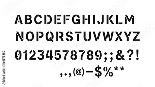Stencil alphabet, uppercase letters, numbers and punctuation marks, isolated white background.