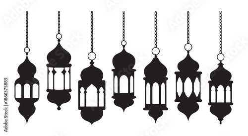 Set of seven black hanging fanoos lanterns perfect for muslim holidays and holy month designs