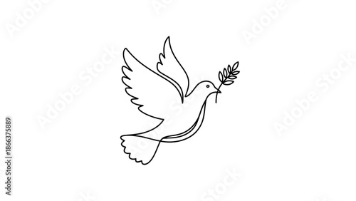 Elegant continuous line art of flying dove carrying olive branch, peace and serenity symbol, isolated white background