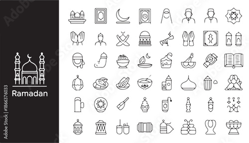 Outline ramadan icons set islamic religious symbols muslim traditions fasting decoration line elements
