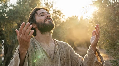 Religious man looking up with open hands in olive grove. Worship and spirituality concept.