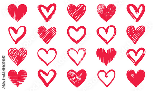A collection of hand drawn red hearts in various doodle styles against a clean white background