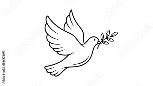 Flying Dove with Olive Branch Line Art Illustration, Isolated White Background